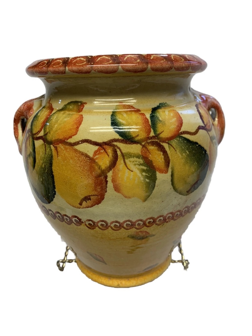 Williams-Sonoma double handled hand painted in Italy vase -lemon motif - 8” tall